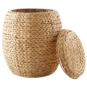 Zelvy Round Water Hyacinth Storage Basket with Lid – Natural Wicker Hamper
